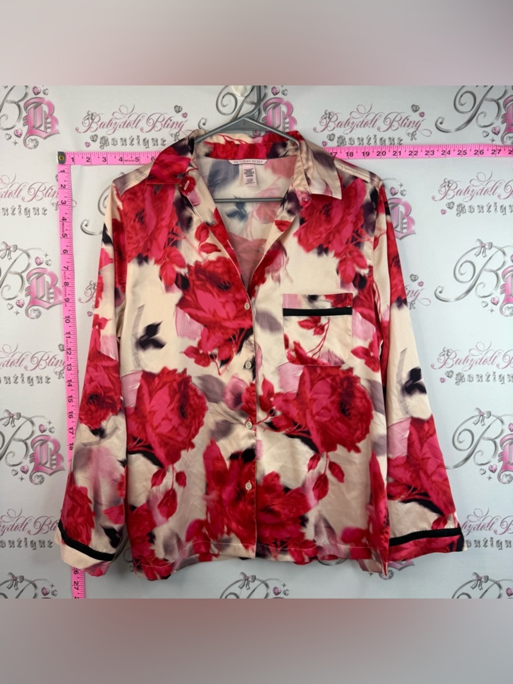 Victoria's Secret long sleeve shiny Pink and Cream Floral Satin Button-Up Top